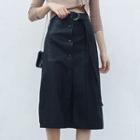 Buttoned Faux Leather A-line Midi Skirt