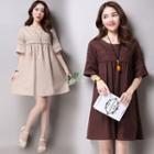 Elbow-sleeve Lace Trim A-line Dress