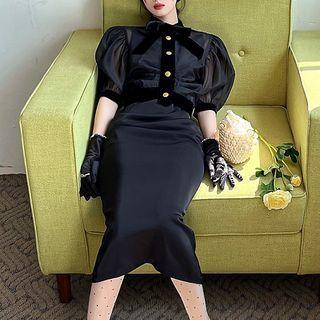 Short-sleeve Bow Mesh Blouse / Spaghetti Strap Midi Sheath Dress