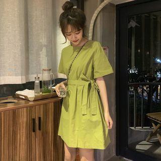 Short-sleeve Sashed Mini A-line T-shirt Dress