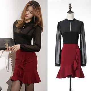 Set: Chiffon Blouse + Ruffle Pencil Skirt