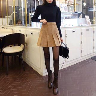 Pleated Corduroy A-line Mini Skirt
