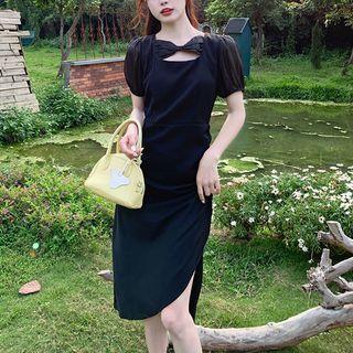 Plain Square-neck Slit Dress