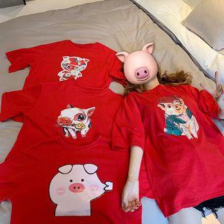 3/4-sleeve Pig Print Long T-shirt