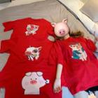 3/4-sleeve Pig Print Long T-shirt