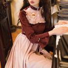 Long-sleeve Embroidered Velvet A-line Dress