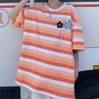 Coupler Matching Elbow-sleeve Striped Applique T-shirt