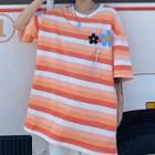 Coupler Matching Elbow-sleeve Striped Applique T-shirt