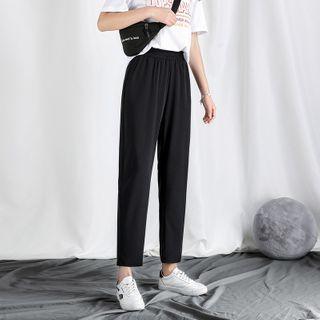 Plain Band-waist Cropped Straight-cut Pants