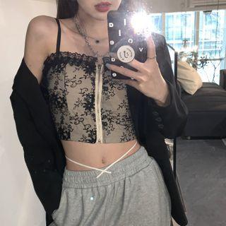 Lace Crop Camisole Top Black - One Size