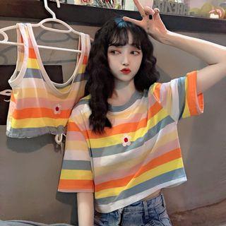 Flower Embroidered Striped Short-sleeve Cropped T-shirt / Tank Top