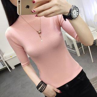 Mock-turtleneck Elbow-sleeve Knit Top