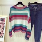 Color Panel Striped Long-sleeve Knit Sweater As Shown In Figure - One Size