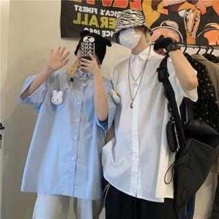 Couple Matching Short-sleeve Heart Pocket Button-up Shirt