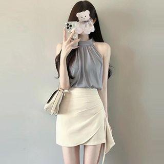 Set: Sleeveless Blouse + Irregular Mini Skirt