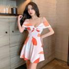 Cold-shoulder Patterned Mini A-line Dress