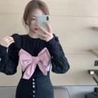 Long-sleeve Bow Accent Knit Top Black - One Size