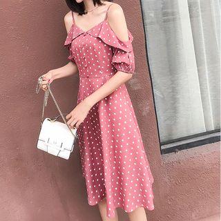 Polka Dot Cold-shoulder A-line Dress