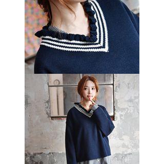 Frilled V-neck Contrast-trim Sweater