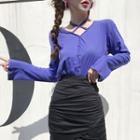 Lace-up Back Long-sleeve T-shirt / High Waist Mini Skirt