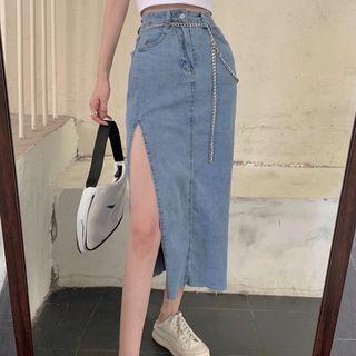 Chain Belt / Midi A-line Denim Skirt