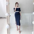 Off-shoulder Button-trim Dress With Belt