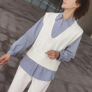 Set: Plain Knit Vest + Shirt