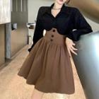 Set: Long-sleeve Open-collar Blouse + A-line Underbust Corset Skirt