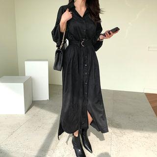 Belted Faux-suede Maxi Shirtdress