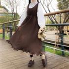 Long-sleeve Buttoned Frill Trim Blouse / Midi A-line Pinafore Dress