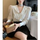 Puff-sleeve V-neck Blouse / Mini A-line Skort / Argyle Cardigan