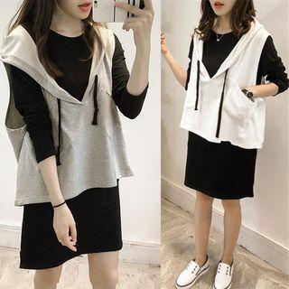 Set: Sleeveless Hoodie + Long-sleeve Mini T-shirt Dress