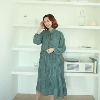 Scarf-neck Patterned Pleated Long Dress