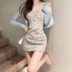 Plain Button-up Cropped Cardigan / Sleeveless Floral Print Denim Mini Dress