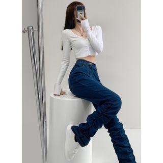 Ultra-long Ruched Straight-cut Jeans