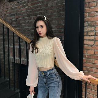 Puff-sleeve Chiffon Panel Knit Top