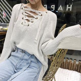 Plain Lace-up Bell-sleeve Sweater