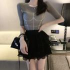 Stitched Short-sleeved T-shirt / Layered Chiffon Mini Skirt