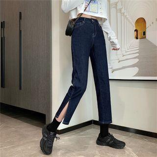 High-waist Slit Cropped Straight-cut Jeans