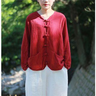 Long Sleeve Frog-buttoned Linen-blend Shirt