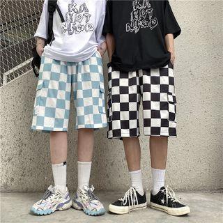 Elastic-waist Checkered Side Pocket Straight Leg Shorts