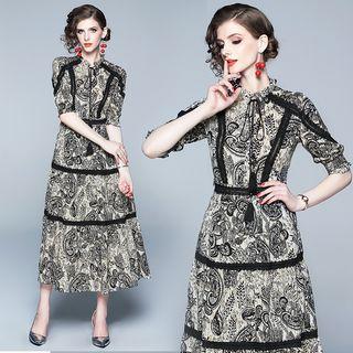 Printed Lace Trim Elbow-sleeve Midi A-line Dress