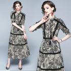 Printed Lace Trim Elbow-sleeve Midi A-line Dress