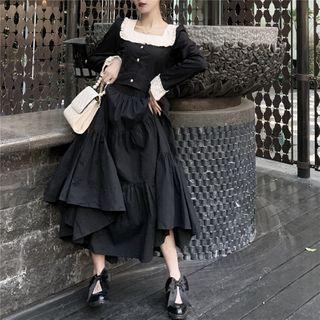Contrast Trim Square Neck Shirt / High Waist Layered A-line Skirt
