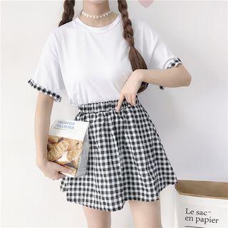 Set: Checked Panel Short-sleeve T-shirt Dress + Checked A-line Skirt
