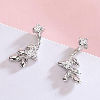 925 Sterling Silver Rhinestone Leaf Earring Es289 - 1 Pair - One Size