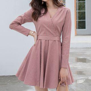 V-neck Striped Long-sleeve A-line Dress