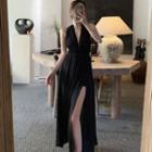 Sleeveless Plunge-neck Slit Maxi A-line Dress