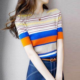 Short-sleeve Color Block Striped Top / Denim Midi A-line Skirt / Set