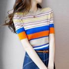 Short-sleeve Color Block Striped Top / Denim Midi A-line Skirt / Set